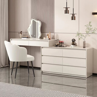 Solid wood dressing table, simple and modern cream style dressing table, bedroom storage cabinet, bedside drawer and integrated desk, milk coffee white, petal chair + cloud mirror, 40 width, door-to-door delivery and installation included