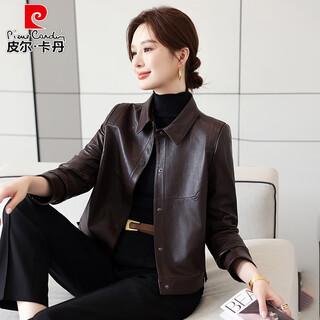 Pierre cardin haining genuine leather jacket women's maillard sheepskin short jacket high-end retro light oil wax jacket motorcycle wear trendy brown m 90jin jin is equal to 0.5kg -105jin jin is equal to 0.5kg