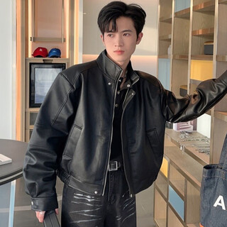 Digada jacket men's retro versatile autumn and winter lapel loose korean style trendy design handsome motorcycle leather jacket hyxs-hy199 black regular xl