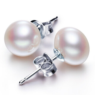 Qianlou with certificate 8-9mm freshwater pearl earrings, pure silver ear plugs, non-allergenic, steamed bun shape, bright gloss, white + white ear plugs, almost flawless