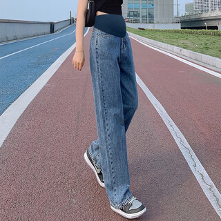 Nanding yage maternity jeans wide leg pants autumn and winter new slim straight pants belly supporting floor pants maternity trousers autumn retro blue l 110-130jin jin is equal to 0.5 kg
