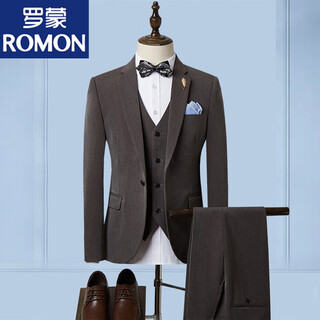 Romon suit men's three-piece suit business formal casual small suit groomsmen groom wedding dress men's sjt1903 brown l