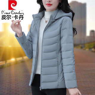 Pierre cardin white duck down jacket women's lightweight short 2025 winter new product warm and coldproof hooded jacket for middle-aged mothers light gray 4xl (155-175jin jin equals 0.5kg)