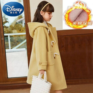 Disney (disney) girls' woolen coat autumn and winter korean style western style loose hooded thickened cotton woolen coat for girls medium and large children yellow thickened cotton 110 recommended height 90-105cm