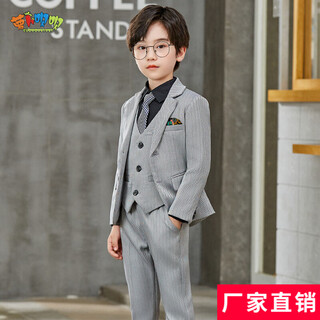 萝卜呗呗儿童西装套装男童礼服西装钢琴主持演出服花童礼服钢琴表演服西服 灰色外套+马甲+裤子+领带 150 建议体重58-68斤