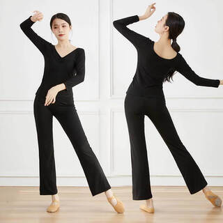 Rebe lona new dance wear female chinese dance adult practice wear modal black body wear art exam modern dance wear 002 black (long sleeve) + flare pants l