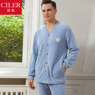 Shile autumn and winter thickened polar fleece v-neck couple home wear collarless cardigan home suit animal year red pajamas yingge blue/male xl