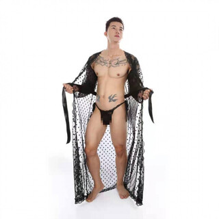 Sexy underwear men's underwear thong sexy sexy lace bathrobe long transparent slit s g094 black nightgown + underwear