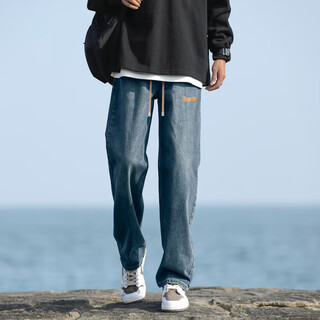 Foss Phil 牛仔裤男士宽松秋冬季新款美式复古潮牌休闲直筒松紧抽绳裤子男 SS-838中蓝常规 2XL