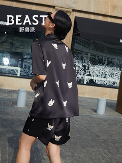 野兽派小奶狗印花22姆米真丝情侣睡衣短袖短裤家居服生日 女士 S