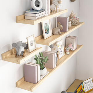 Ruoshi wall storage rack solid wood one-word partition without punching storage bookshelf laminate wall decoration wall-mounted display rack solid wood-log color-90*15