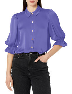 Ramy brook women's satin short sleeve shirt button up slim top bright amethyst xs