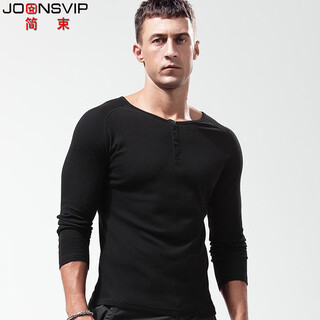 Simple henley shirt men's long-sleeved t-shirt henley collar simple american retro heavyweight sports fitness slim thread solid color cotton bottoming shirt black xl/73kg