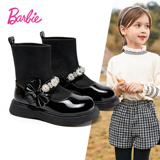 Barbie children's shoes girls socks boots winter velvet crystal boots short leather boots bow da6155 black size 30