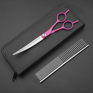 Tanizaki pet grooming scissors dog hair tool set 7-inch trimming scissors curved scissors teddy cat and dog pet scissors #7-inch rose red curved scissors + steel comb + bag