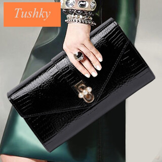 Tushky japan and south korea 2025 new leather clutch women's banquet handbag personality fashion large capacity celebrity temperament casual bag black large size (8082)