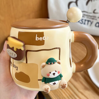 Mengfu cute bear mug ceramic water cup with lid spoon for men and women high-looking coffee cup couple valentine's day gift square bear 420ml round porcelain spoon + brown lid