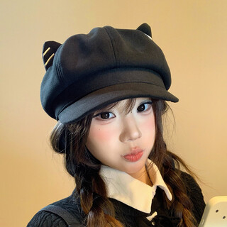 Changyin niche cute cat ear octagonal hat for women in autumn and winter, japanese style, sweet and versatile, small literary newsboy beret, black cat ear hat, one size m (56-58cm)