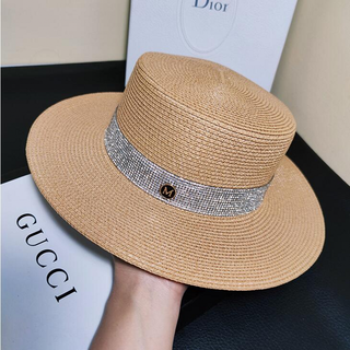 Rogosky 专柜潮牌帽子女士春夏新款法国高端定制赫本名媛风平顶帽遮阳草帽亮钻M标礼帽轻奢原创 卡其色 可调节