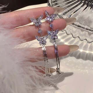 Meifuren 925 silver needle temperament long tassel light luxury earrings earrings earrings for women niche design butterfly earrings 925 silver needle 701%23 silver diamond butterfly tassel