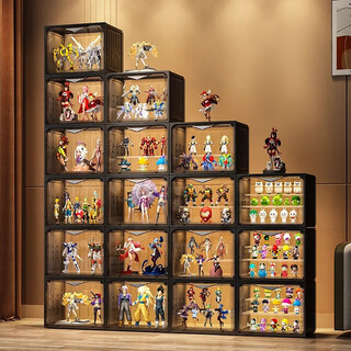 温鑫福【全硬材质】展示柜盲盒收纳展柜盒积木乐高架透明模型玩具盒 两格四层透明+2阶梯(阶梯可拆)