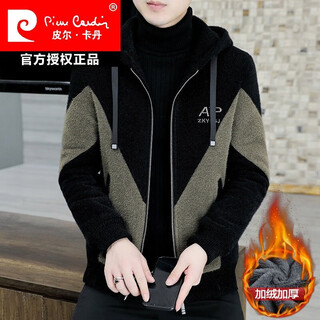Pierre cardin brand men's autumn and winter woolen coat men's hooded jacket men's tops plus velvet thickened woolen jacket for men black xl