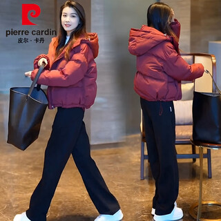 Pierre cardin western style loose korean down jacket women 2025 winter new fashion hooded versatile slim white duck down short jacket red down jacket l 110-125jin jin is equal to 0.5 kg
