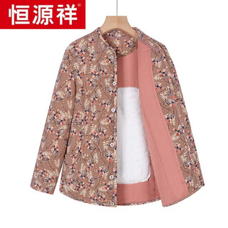 Hengyuanxiang mom's winter velvet thickened camel hair cotton-padded jacket for women, cold-resistant and warm for middle-aged and elderly people, colorful camel hair cotton-padded jacket, khaki flower (color 1) 4xl recommended 120-140jin jin equals 0.5 kg