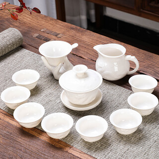 Porcelain brand tea set dehua white porcelain tea set for home living room and office simple ceramic tea tureen kung fu tea cup small set white jade porcelain <fulong> tureen tea set 12 pieces