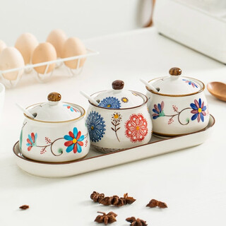 Dingdan ceramic seasoning jar combination household seasoning box high temperature resistant seasoning jar salt jar creative chili oil jar oil splash jar small size - mix and match three-piece set + tray with spoon