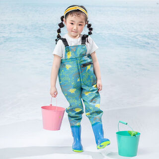 Shanye children's water play one-piece waders kindergarten waterproof clothes for catching the sea children's rain boots men and women fishing rain pants beach children's dinosaur overalls with pockets 21 size 27 (shoe inner length 145cm)