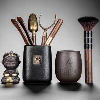 Xiangye tea ceremony six gentlemen set kung fu tea accessories complete creative spare parts ebony solid wood brush keeping pot black pottery sifang laifu + buddha's hand five-piece set + wukong + shede