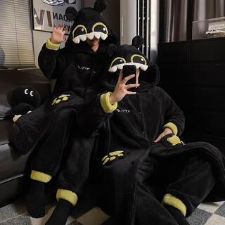 Toothless nightgown couple pajamas for women autumn and winter coral velvet thickened flannel men's black home clothes winter nightgown + pants #66745 (girls are the wide-sleeved version) 66319 xl female (weight 115-130