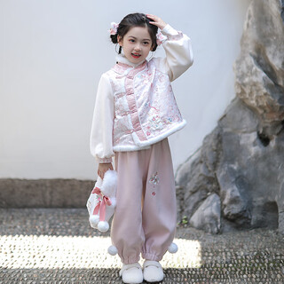 Qibo girls new year clothes winter children's hanfu 2026 new new year clothes thick chinese style suit pink sakura 120