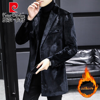 Pierre cardin fur one-piece coat men's medium-length suit collar windbreaker men's winter thickened and warm mink fleece coat black cotton 3xl