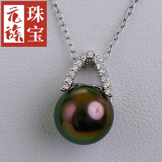 Yuan ethnic treasure 18k gold set with diamonds 9.9mm malachite green tahitian black pearl pendant flawless round seawater pearl pendant