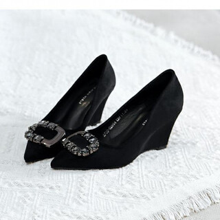 Mac jabags spring and summer new rhinestone wedge single shoes for women black pointed high heels temperament nubuck leather women's shoes black 5cm half size small for fat feet wide recommendations one size up 34