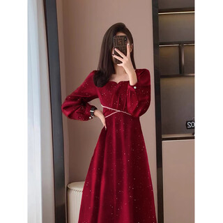 Pierre cardin french retro gentle style dress spring and autumn new large size slimming temperament engagement dress long skirt christmas red 2xl recommended 145-165jin jin equals 0.5 kg