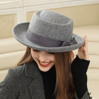 Zunti hat women's autumn and winter wool woolen hat rolled edge flat top retro bow british versatile casual fashion hat gray one size