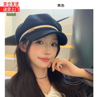 Dirunshi light luxury color-blocked striped octagonal hat twill cotton literary retro beret solid color fashion versatile newsboy hat for women black m (56-58cm)