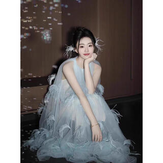 Iosn new chinese style niche dressing gown female engagement light dress wedding bride fairy blue feather halter neck photo dress blue m