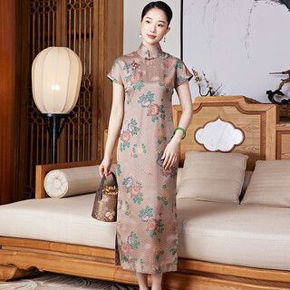 Xiyue chinese style high-end hangjin mulberry silk traditional classical handmade cheongsam dress for ladies 2025 summer new year apricot xl (weight 115~125)