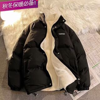 Kiexi lamb's velvet jacket cotton jacket men's stand collar plus velvet thickened cotton jacket winter student casual couple cotton jacket fashion black m (recommended 90-120jin jin is equal to 0.5 kg)