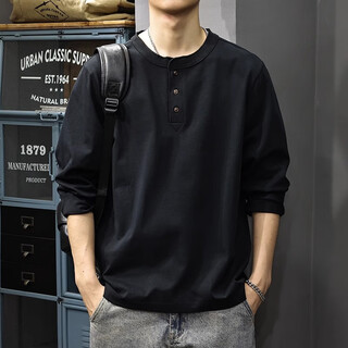 Gu xiansen autumn american retro henley collar men's long sleeve t-shirt trendy brand heavy cotton t-shirt loose casual bottoming shirt black l 120-140jin jin is equal to 0.5 kg