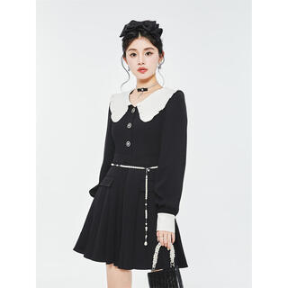 Fantu college style suit lace collar dress 2024 autumn new slim design black pleated skirt women black s