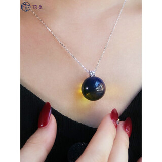 Dingying mexican purified blue amber single pendant, amber bead necklace, clavicle chain, high-end fashion sweater chain for women, classic princess single diamond blue amber 14mm pendant with free silver chain