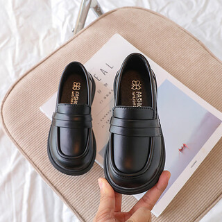 路让宋儿童小皮鞋童鞋男女童JK一脚蹬乐福鞋韩版轻便演出鞋 黑色 34 码内长21厘米