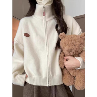 Ldbe turtleneck sweater for women autumn and winter 2025 new relaxed korean style lazy style soft waxy sweater zipper cardigan jacket beige m