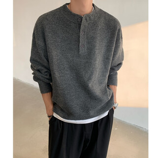 Poke cleanfit henley collar sweater men's autumn and winter warm base sweater handsome men's long-sleeved inner wear dark gray 2xl