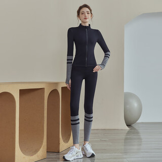 Youyou running sports women's suit autumn and winter new morning running long-sleeved professional gym tops pilates yoga clothes black long sleeves + black trousers m